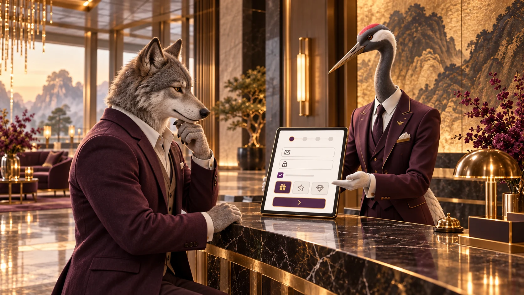 Bizzo concierge hjælper en gæst med at fuldføre kontoregistrering på en tablet
